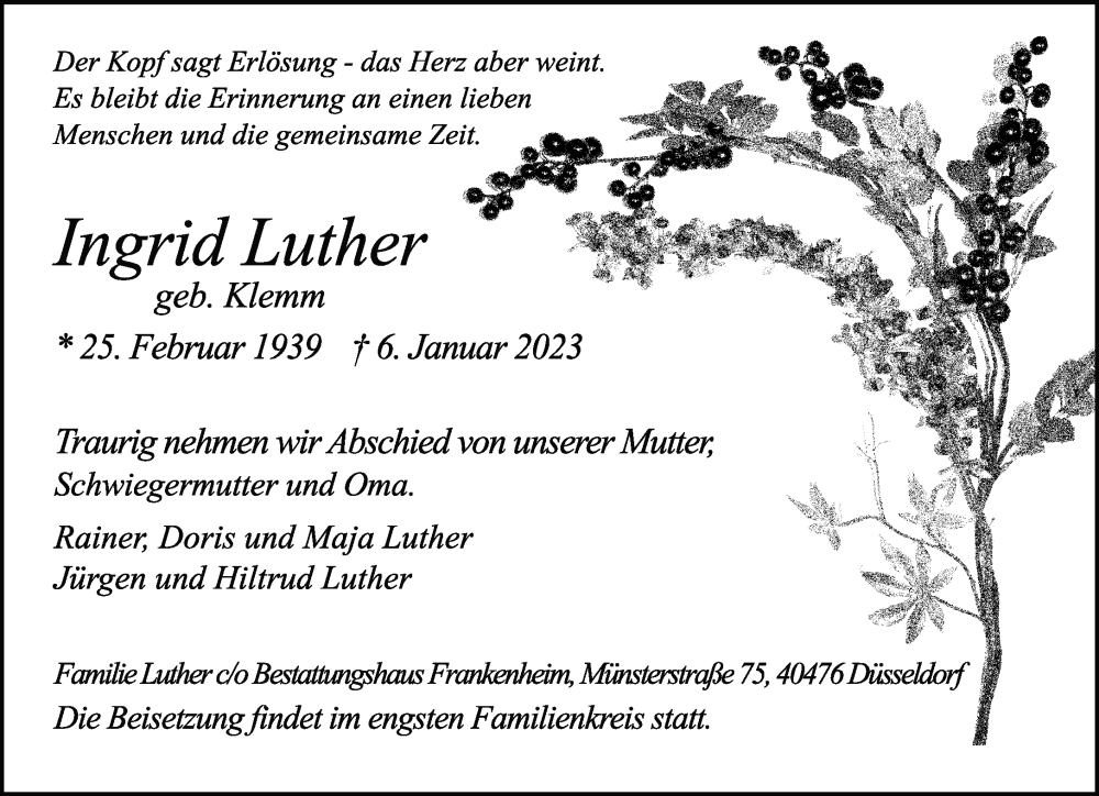  Traueranzeige für Ingrid Luther vom 21.01.2023 aus Rheinische Post