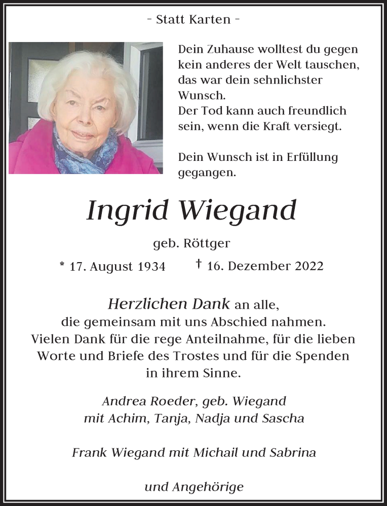  Traueranzeige für Ingrid Wiegand vom 21.01.2023 aus Rheinische Post