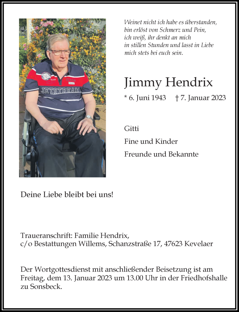 Traueranzeige für Jimmy Hendrix vom 10.01.2023 aus Rheinische Post