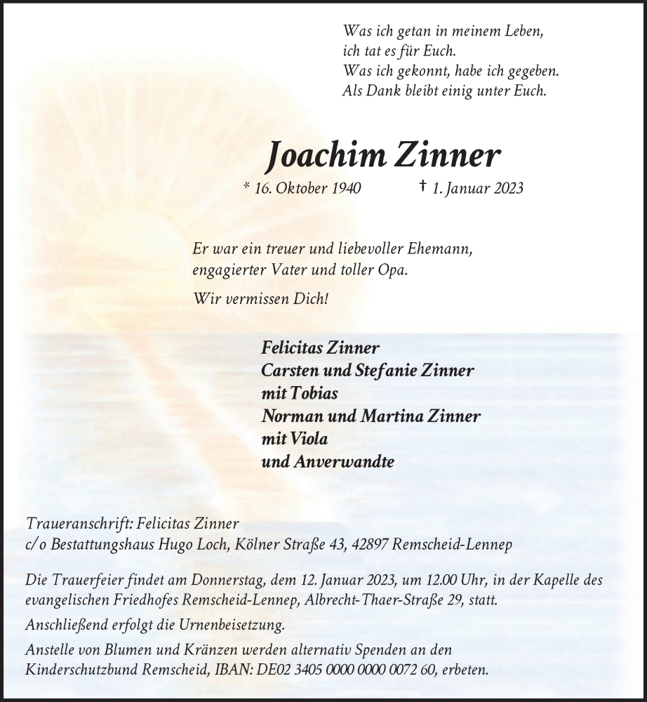 Traueranzeige für Joachim Zinner vom 07.01.2023 aus Rheinische Post
