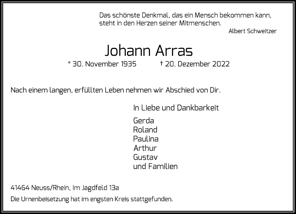  Traueranzeige für Johann Arras vom 14.01.2023 aus Rheinische Post