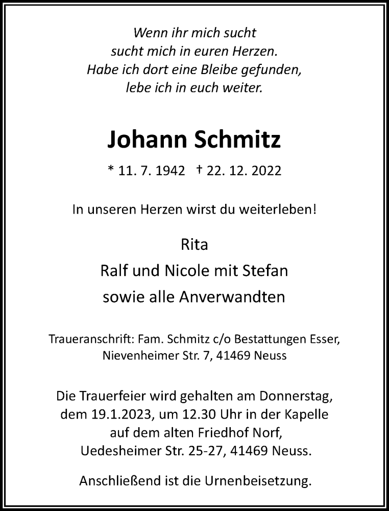  Traueranzeige für Johann Schmitz vom 14.01.2023 aus Rheinische Post