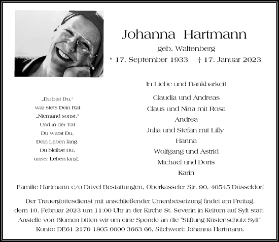 Traueranzeige von Johanna Hartmann von Rheinische Post