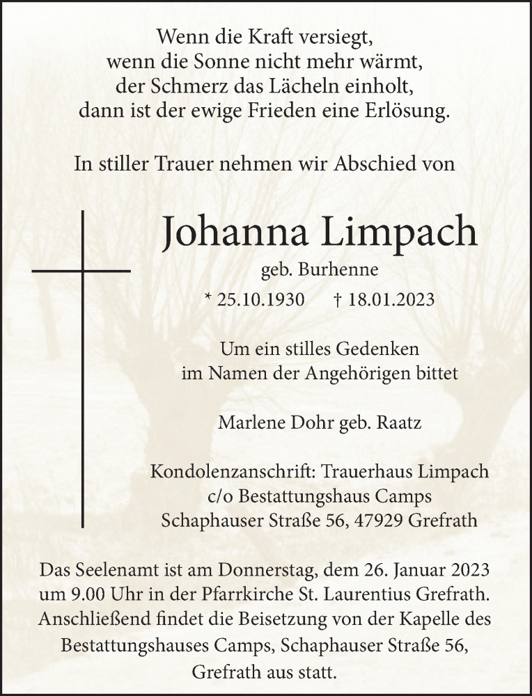  Traueranzeige für Johanna Limpach vom 21.01.2023 aus Rheinische Post