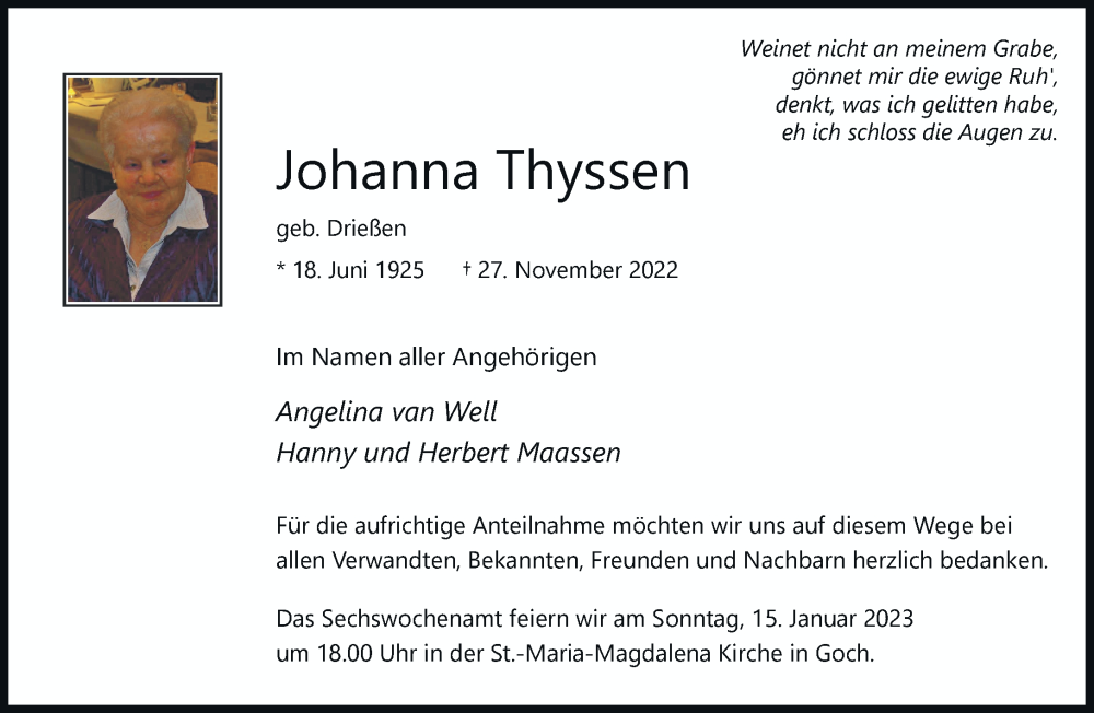  Traueranzeige für Johanna Thyssen vom 11.01.2023 aus Rheinische Post