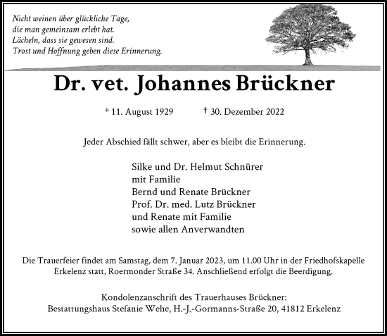 Traueranzeige von Johannes Brückner von Rheinische Post