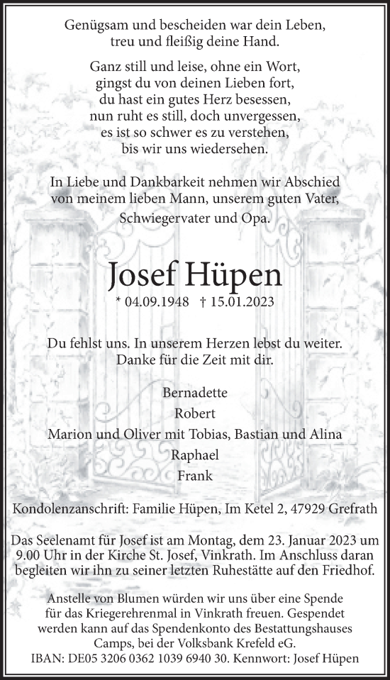 Traueranzeige von Josef Hüpen von Rheinische Post