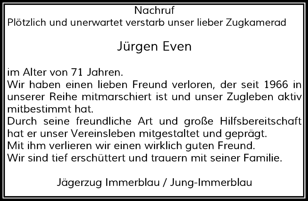  Traueranzeige für Jürgen Even vom 28.01.2023 aus Rheinische Post