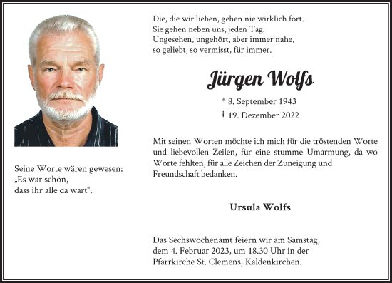 Traueranzeige von Jürgen Wolfs von Rheinische Post