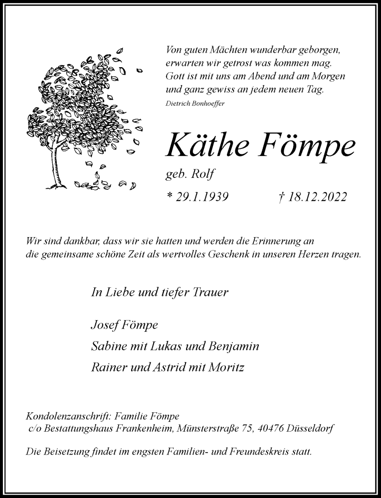  Traueranzeige für Käthe Fömpe vom 14.01.2023 aus Rheinische Post