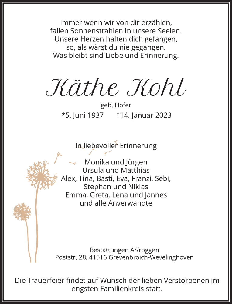  Traueranzeige für Käthe Kohl vom 21.01.2023 aus Rheinische Post