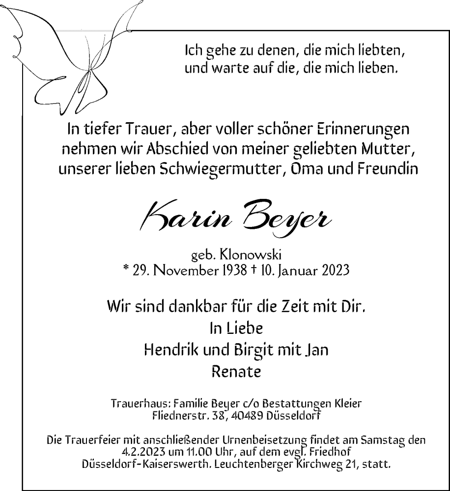  Traueranzeige für Karin Beyer vom 28.01.2023 aus Rheinische Post
