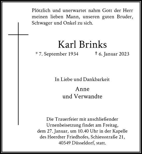 Traueranzeige von Karl Brinks von Rheinische Post