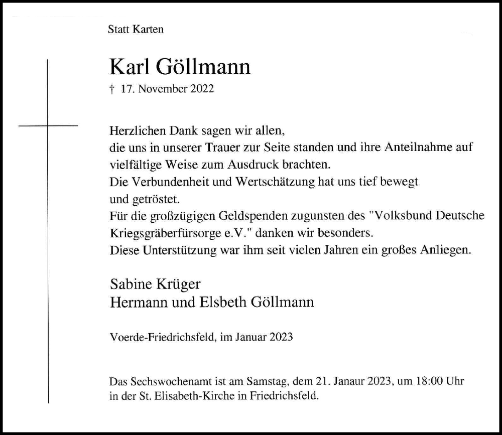  Traueranzeige für Karl Göllmann vom 14.01.2023 aus Rheinische Post