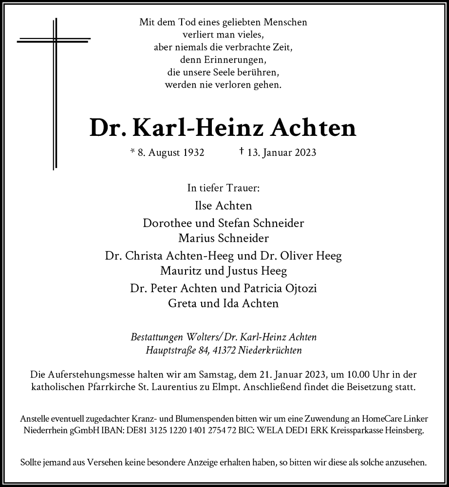  Traueranzeige für Karl-Heinz Achten vom 18.01.2023 aus Rheinische Post
