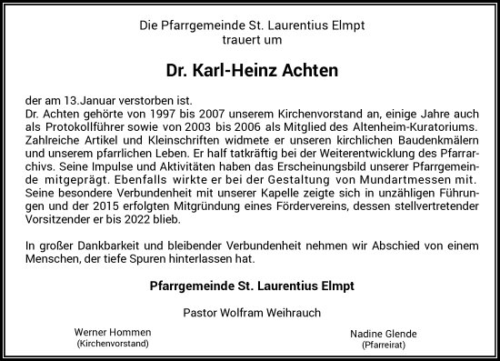 Traueranzeige von Karl-Heinz Achten von Rheinische Post