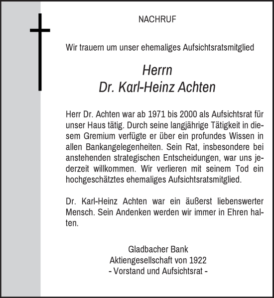 Traueranzeige von Karl-Heinz Achten von Rheinische Post