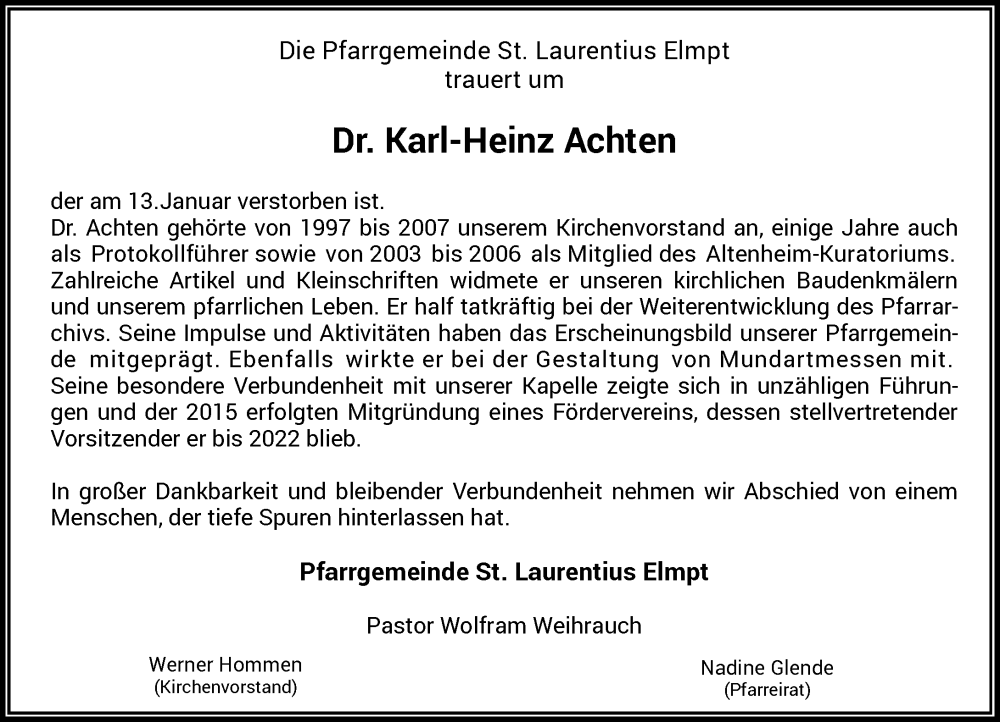  Traueranzeige für Karl-Heinz Achten vom 21.01.2023 aus Rheinische Post