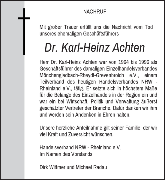 Traueranzeige von Karl-Heinz Achten von Rheinische Post