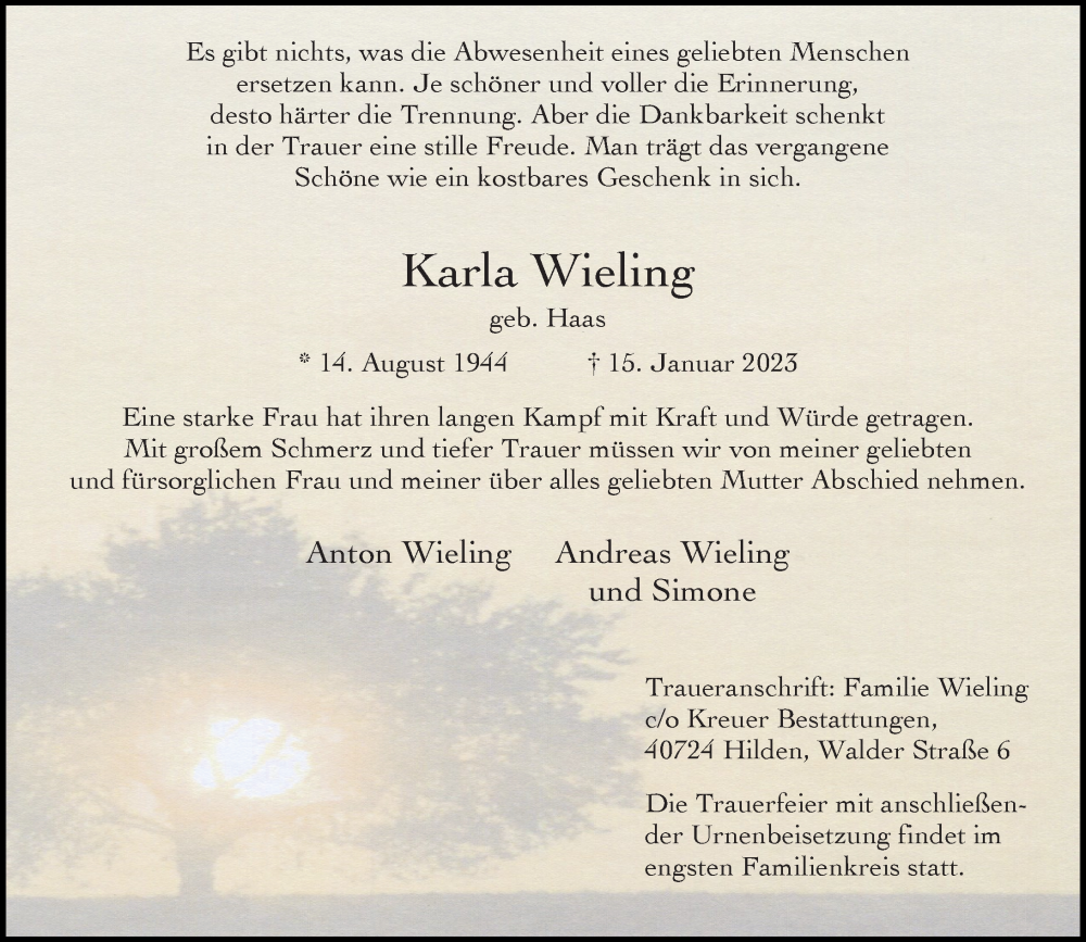  Traueranzeige für Karla Wieling vom 25.01.2023 aus Rheinische Post