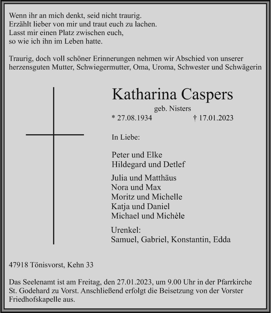  Traueranzeige für Katharina Caspers vom 21.01.2023 aus Rheinische Post