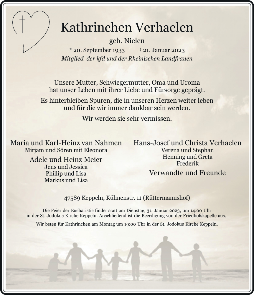  Traueranzeige für Kathrinchen Verhaelen vom 25.01.2023 aus Rheinische Post