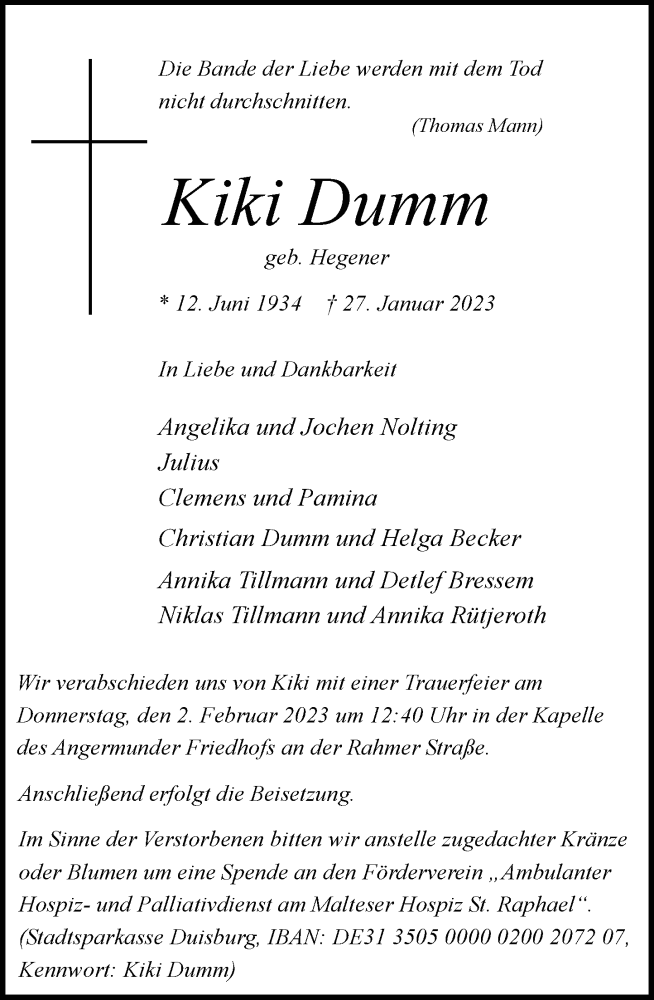  Traueranzeige für Kiki Dumm vom 31.01.2023 aus Rheinische Post