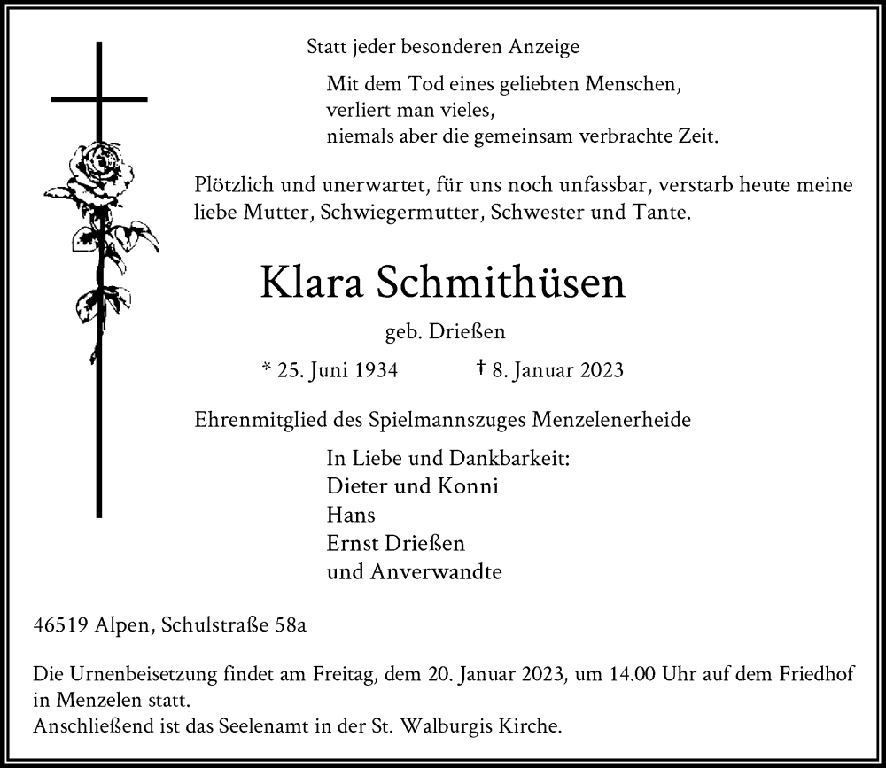  Traueranzeige für Klara Schmithüsen vom 14.01.2023 aus Rheinische Post