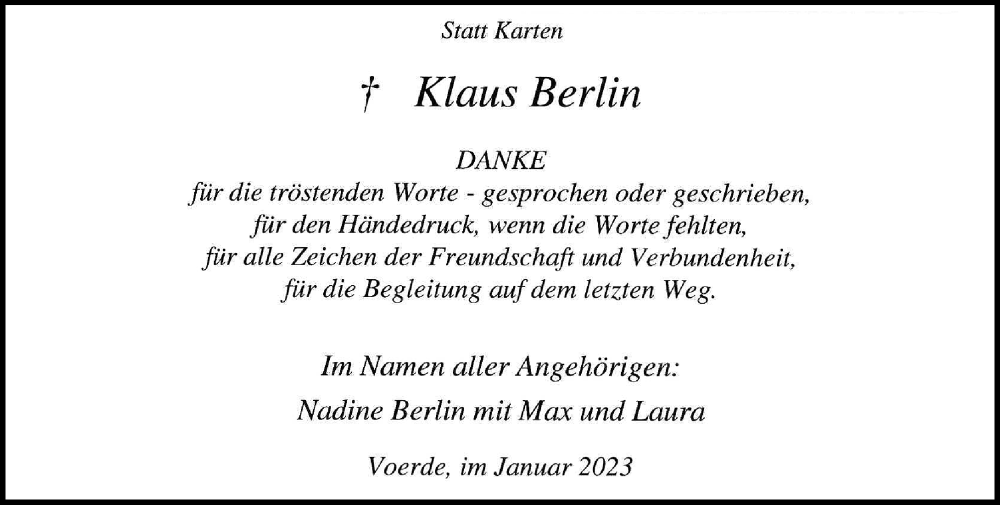  Traueranzeige für Klaus Berlin vom 28.01.2023 aus Rheinische Post