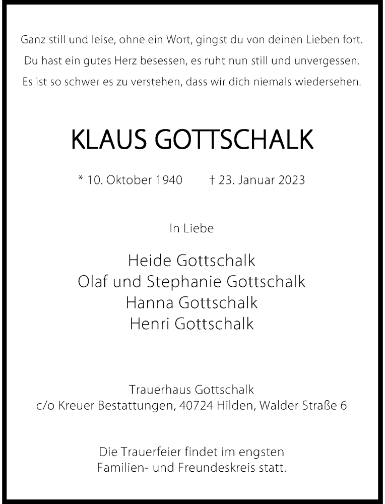  Traueranzeige für Klaus Gottschalk vom 28.01.2023 aus Rheinische Post