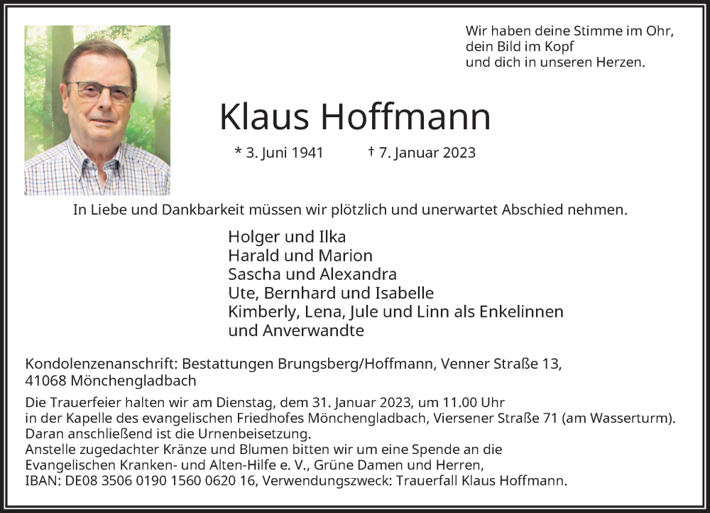  Traueranzeige für Klaus Hoffmann vom 21.01.2023 aus Rheinische Post