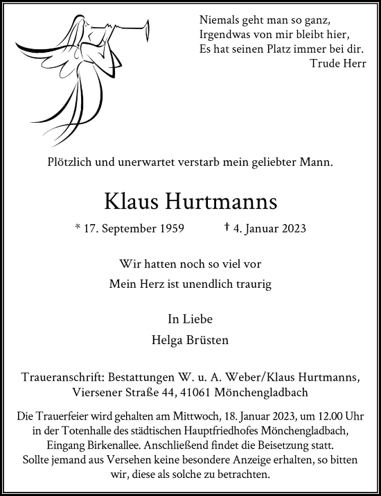 Traueranzeige von Klaus Hurtmanns von Rheinische Post