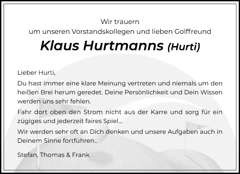  Traueranzeige für Klaus Hurtmanns vom 14.01.2023 aus Rheinische Post