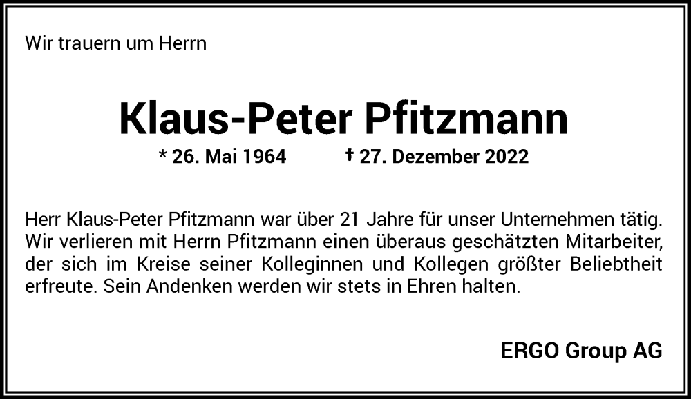  Traueranzeige für Klaus-Peter Pfitzmann vom 20.01.2023 aus Rheinische Post