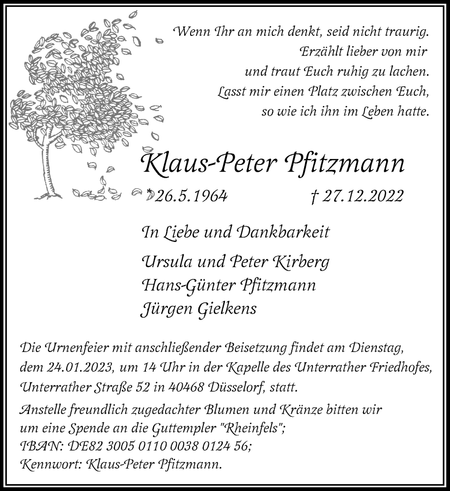  Traueranzeige für Klaus-Peter Pfitzmann vom 14.01.2023 aus Rheinische Post