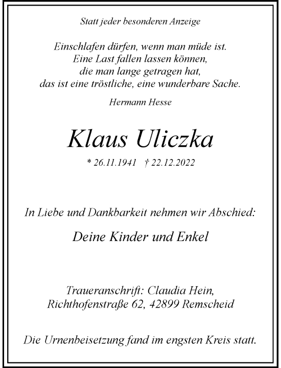 Traueranzeige von Klaus Uliczka von Rheinische Post