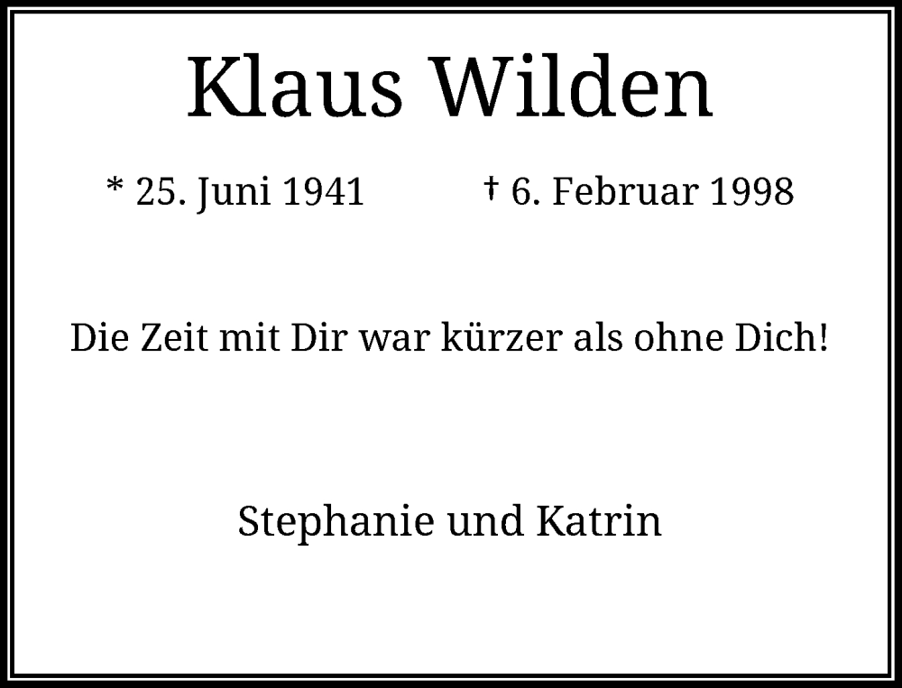  Traueranzeige für Klaus Wilden vom 06.02.2023 aus Rheinische Post