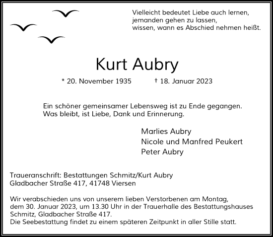 Traueranzeige von Kurt Aubry von Rheinische Post