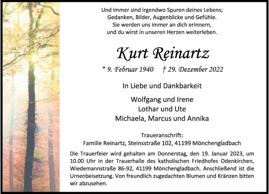 Traueranzeige von Kurt Reinartz von Rheinische Post