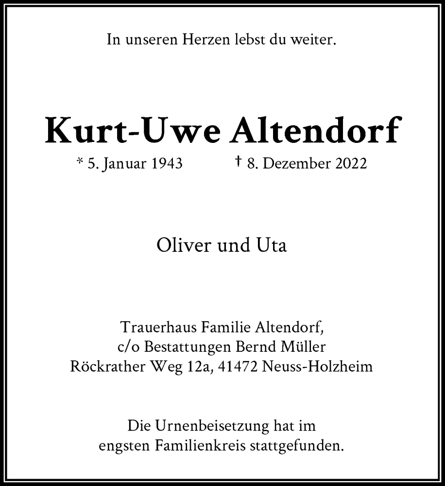  Traueranzeige für Kurt-Uwe Altendorf vom 28.01.2023 aus Rheinische Post