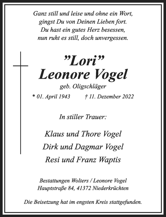 Traueranzeige von Leonore Vogel von Rheinische Post