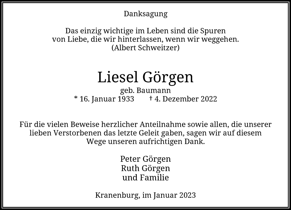  Traueranzeige für Liesel Görgen vom 14.01.2023 aus Rheinische Post