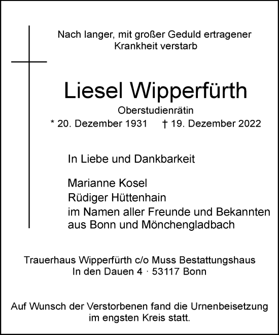 Traueranzeige von Liesel Wipperfürth von Rheinische Post