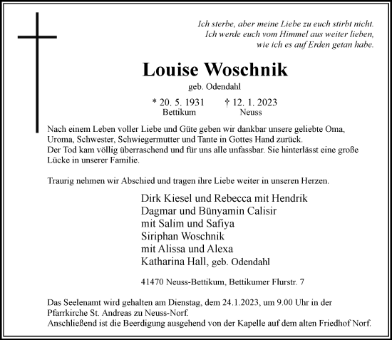 Traueranzeige von Louise Woschnik von Rheinische Post