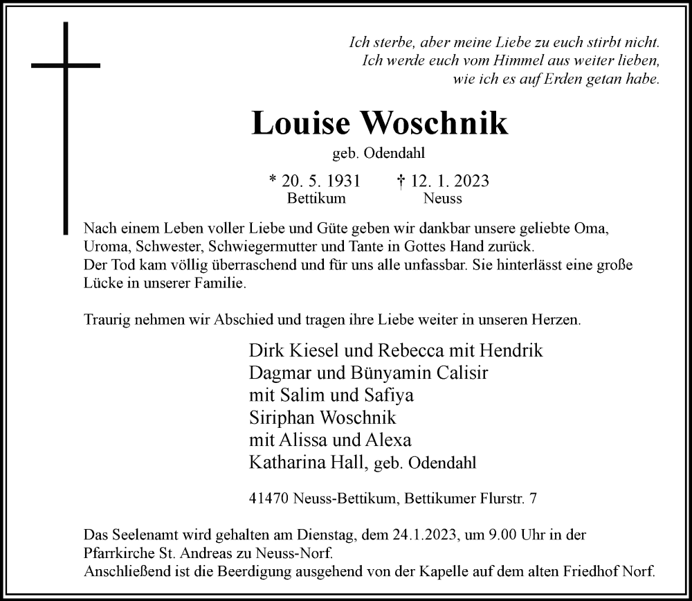  Traueranzeige für Louise Woschnik vom 21.01.2023 aus Rheinische Post