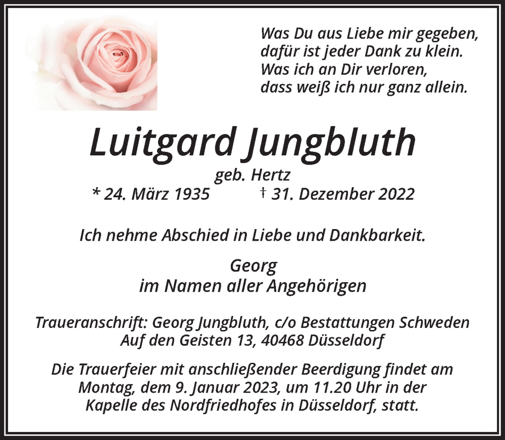  Traueranzeige für Luitgard Jungbluth vom 04.01.2023 aus Rheinische Post