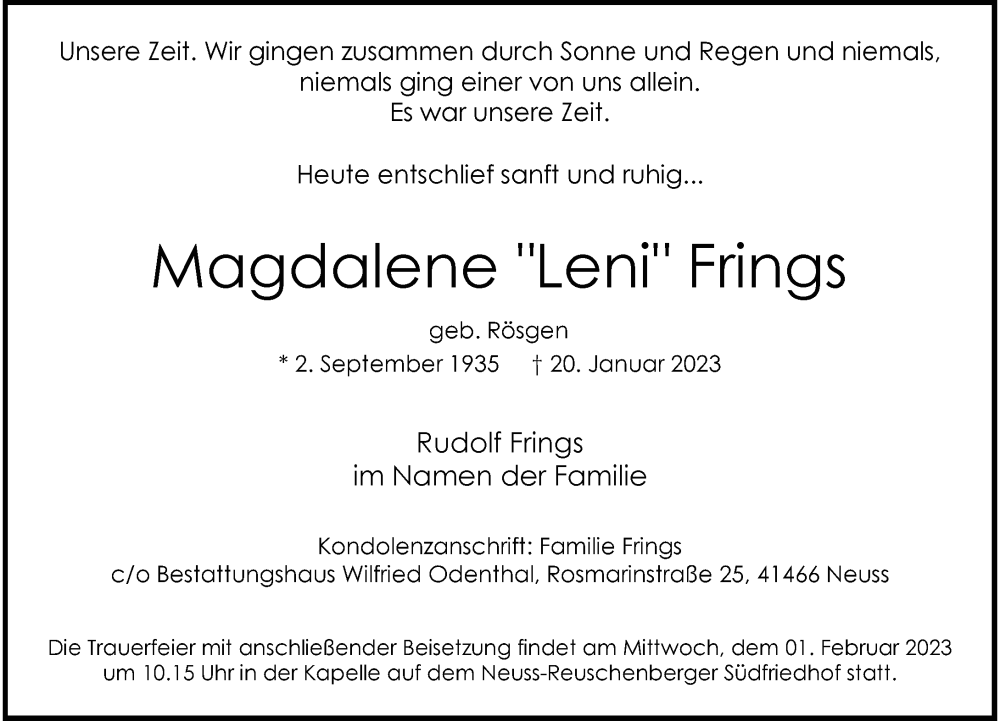  Traueranzeige für Magdalene Frings vom 28.01.2023 aus Rheinische Post