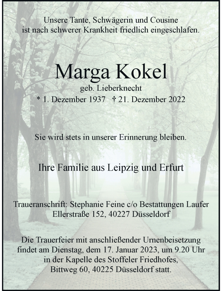  Traueranzeige für Marga Kokel vom 07.01.2023 aus Rheinische Post