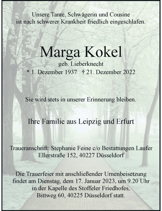 Traueranzeige von Marga Kokel von Rheinische Post