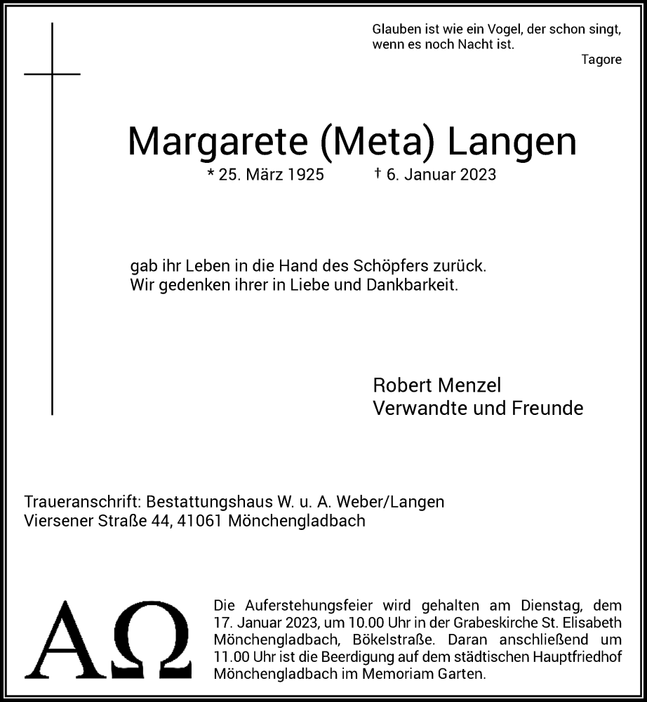  Traueranzeige für Margarete Langen vom 14.01.2023 aus Rheinische Post